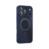 Blaue CASESUN Metal Snap Hülle – MagSafe-kompatible Aluminiumhülle mit matter Rückseite für iPhone 17 und 16 Pro.