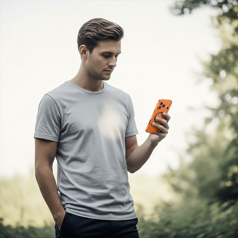 Elegante CASESUN Metal Snap Hülle in Orange – robuster Aluminiumrahmen, starkes MagSafe-System, ideal für unterwegs.