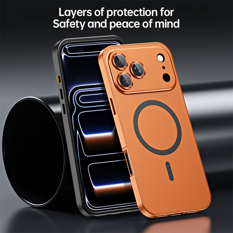 Mehrschichtiger Schutzaufbau der CASESUN Metal Snap Hülle – robuster Aluminiumrahmen und stoßfeste PC-Rückseite für iPhone 17 und 16.